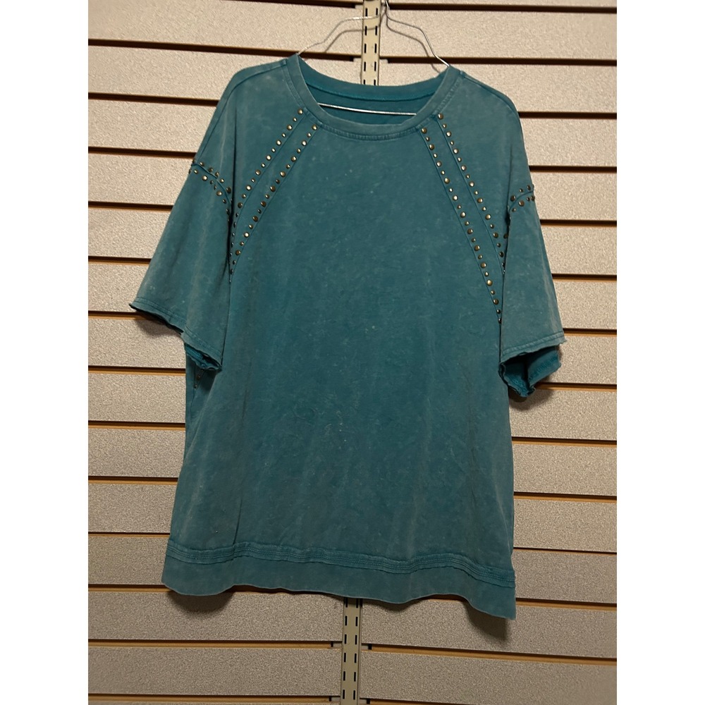 Womens Teal Acid Wash Studded Oversized T-Shirt Star Patch Raglan Tee L Western